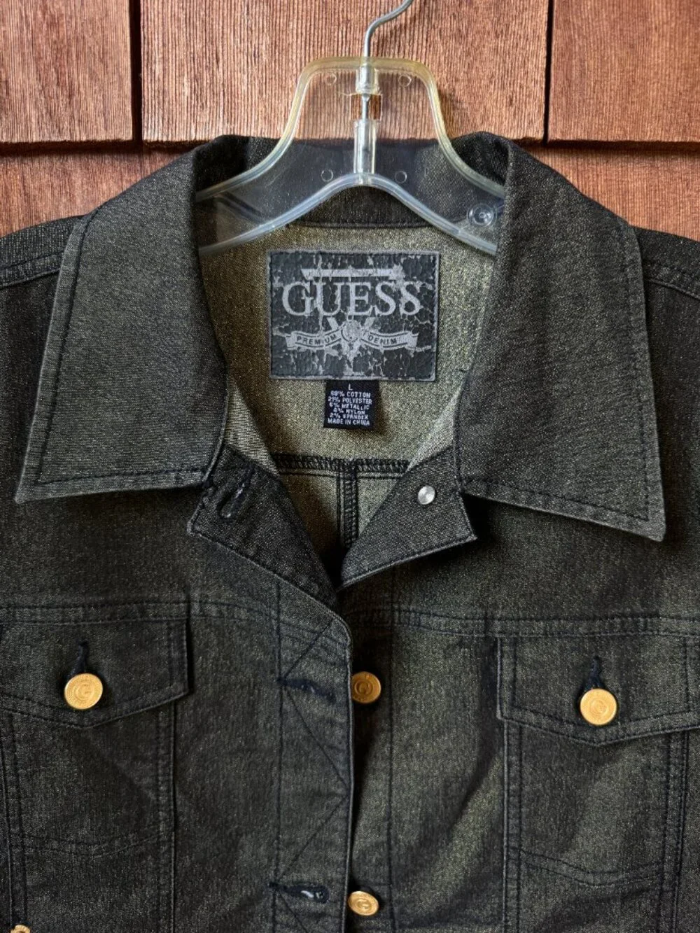 Vintage GUESS Metallic Gold Thread Black Denim Trucker Jacket in Women's Large
